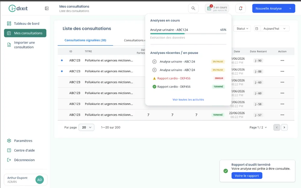 i-diXit consultations list with live audit statuses
